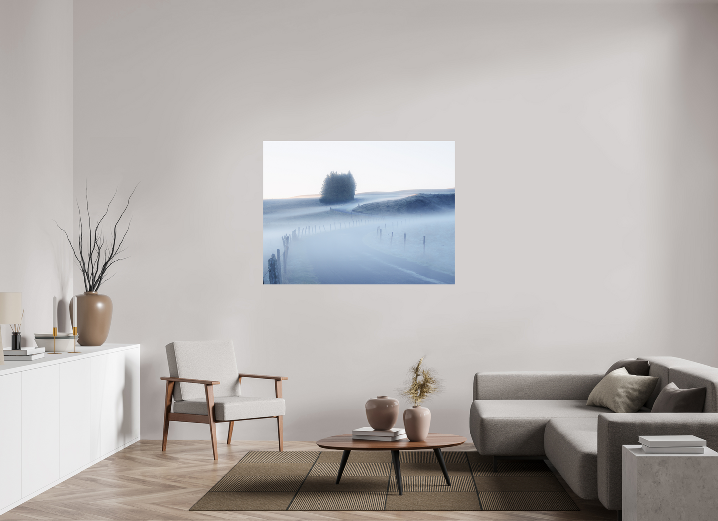 140 x 105 cm, Impression directe couleur ou noir et blanc sur plaque d'aluminium (Solidité-Durabilité) Route | Photographie paysage hivernal onirique en noir et blanc bleuté