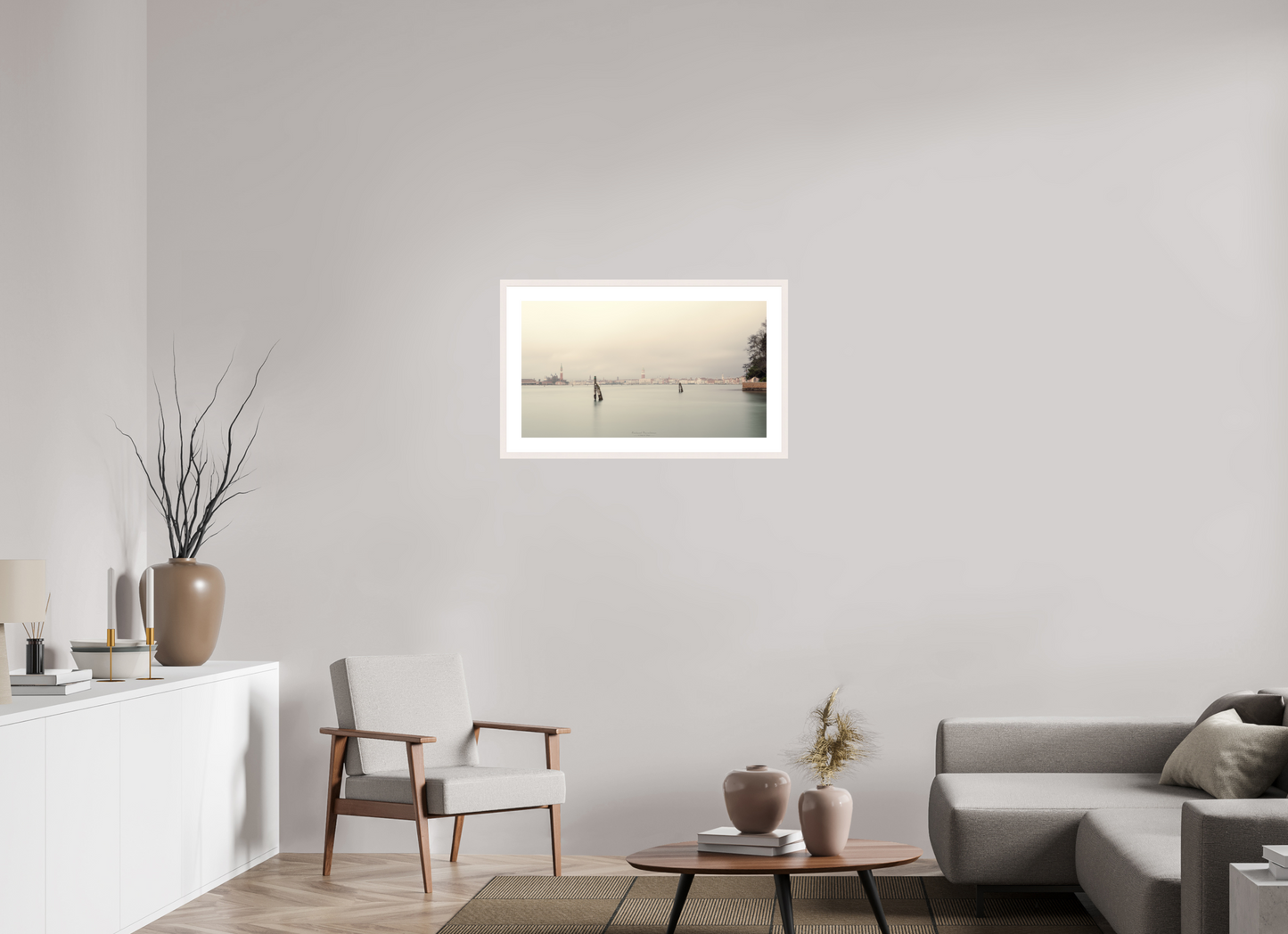 80 x 45 cm, Tirage Fine Art 30×40 cm — Passe-partout — Cadre Venise voilée de brume au lever du jour