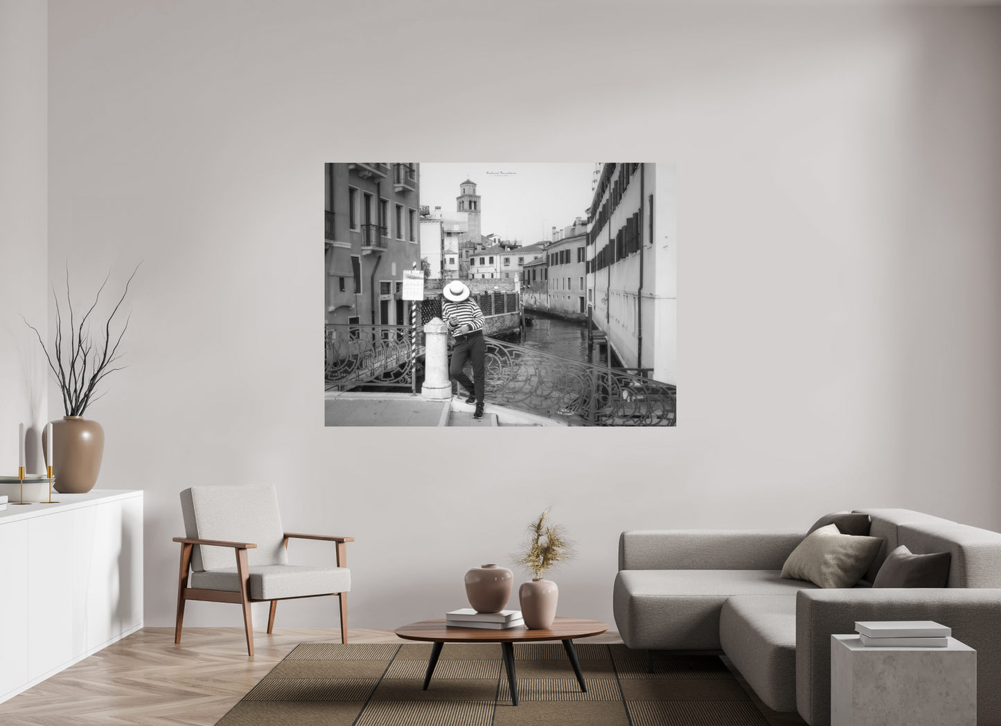 180 x 135 cm, Impression directe couleur ou noir et blanc sur plaque d'aluminium (Solidité-Durabilité) Venise Noir et Blanc sur un Pont du Cannaregio