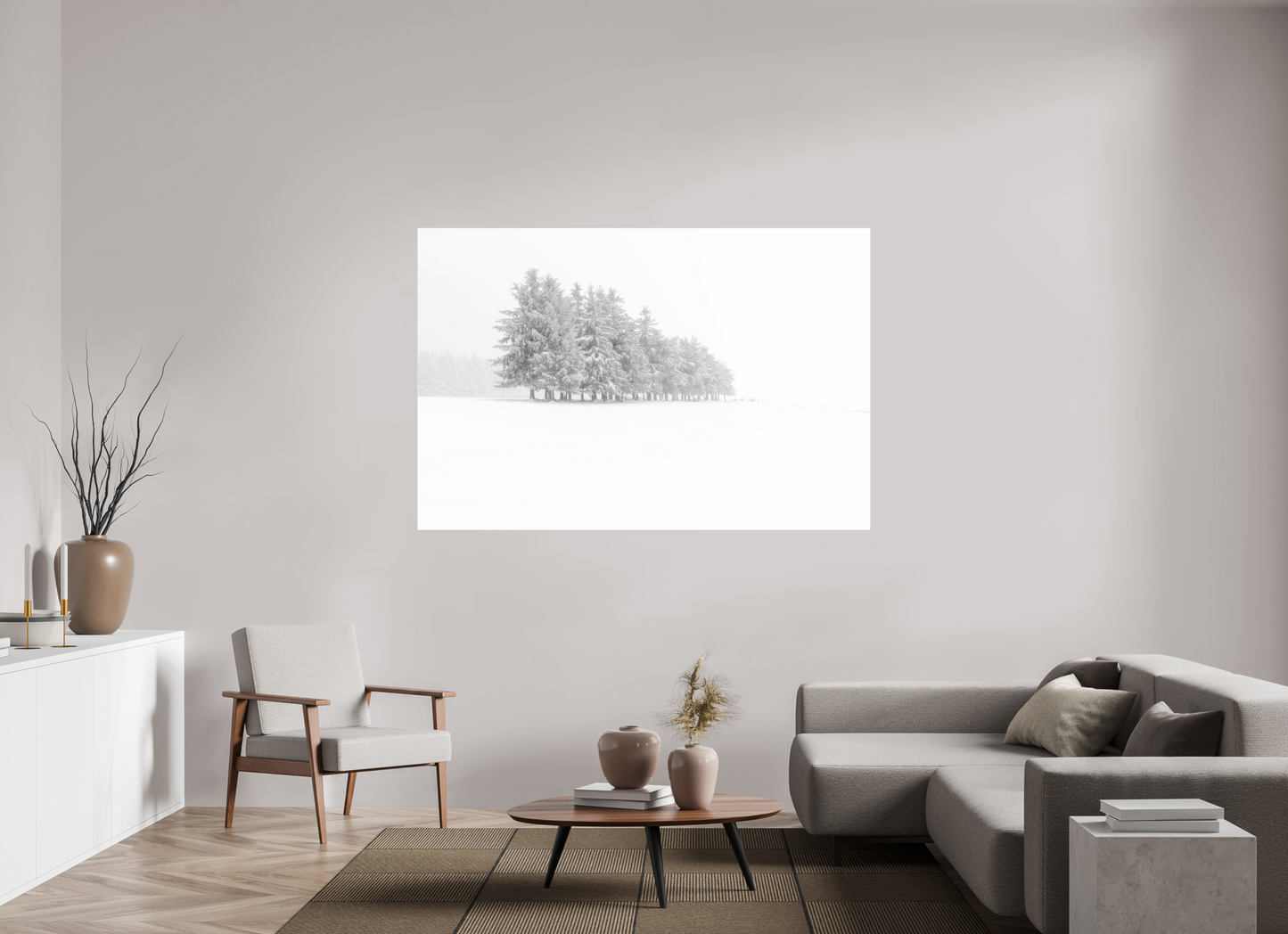 180 x 120 cm, Tirage noir et blanc sur support solide en aluminium, recouvert d’une protection transparente (plexiglass). Sapins givrés Photo Artistique pour Décoration Murale