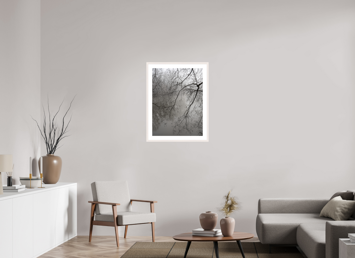 60 x 80 cm, Tirage Fine Art 30×40 cm — Passe-partout — Cadre Tirage photo minimaliste de branches dans la brume