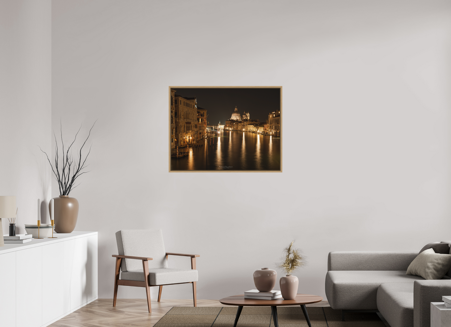 100 x 75 cm, Impression sur support rigide (Forex) avec cadre élégant type “caisse américaine” Venise Romantique de Nuit – Vue sur la Salute