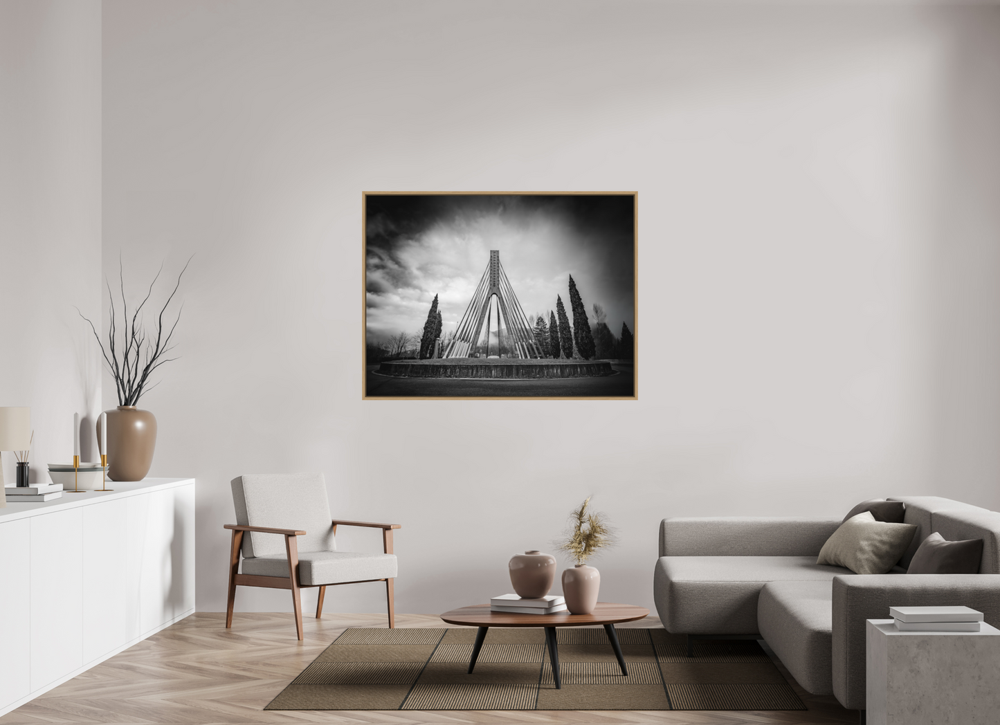 140 x 105 cm, Impression sur support rigide (Forex) avec cadre élégant type “caisse américaine” Verticalité Photographie d'architecture fine art en noir et blanc