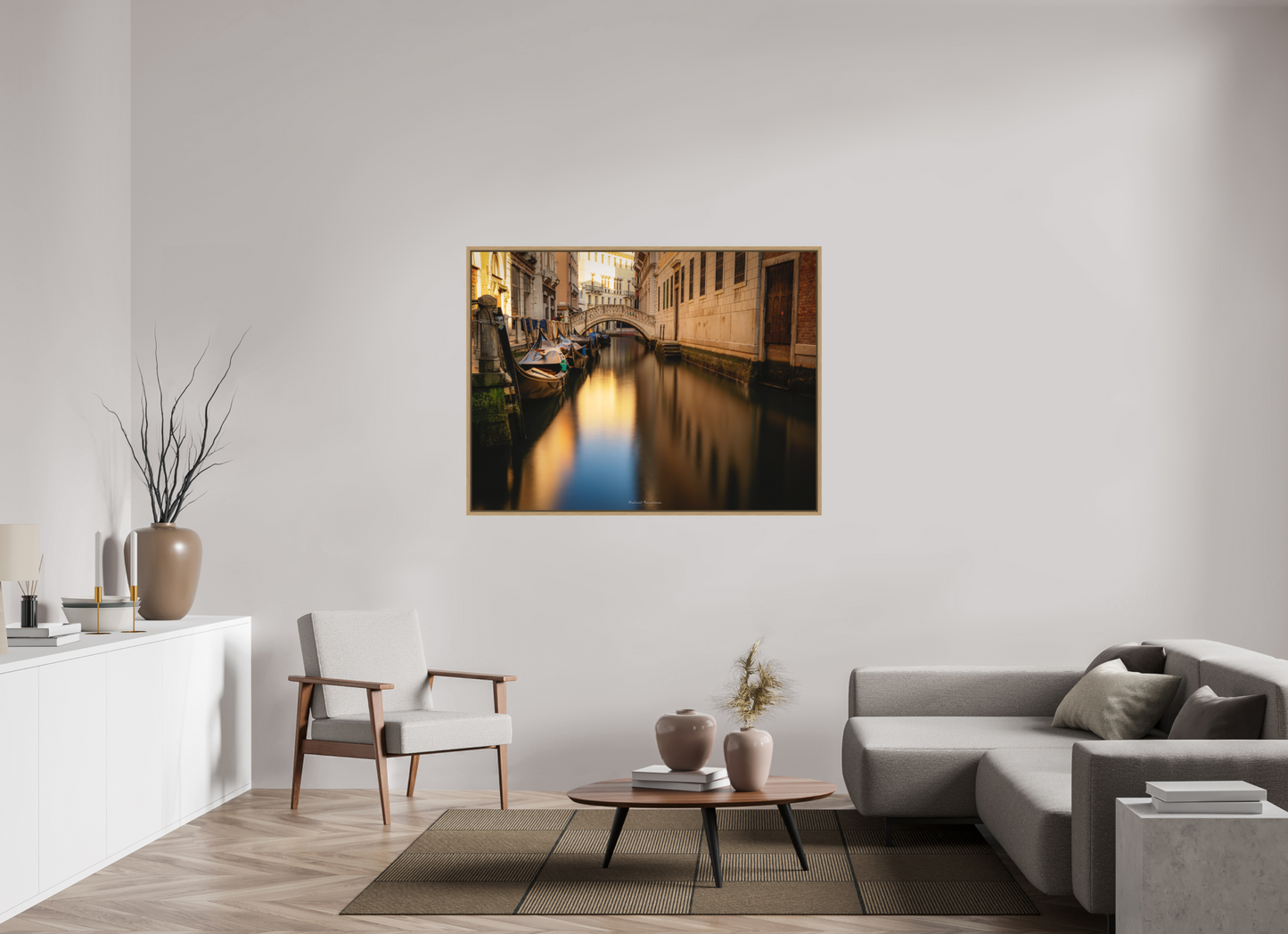 140 x 105 cm, Impression sur support rigide (Forex) avec cadre élégant type “caisse américaine” Venise à l'aube