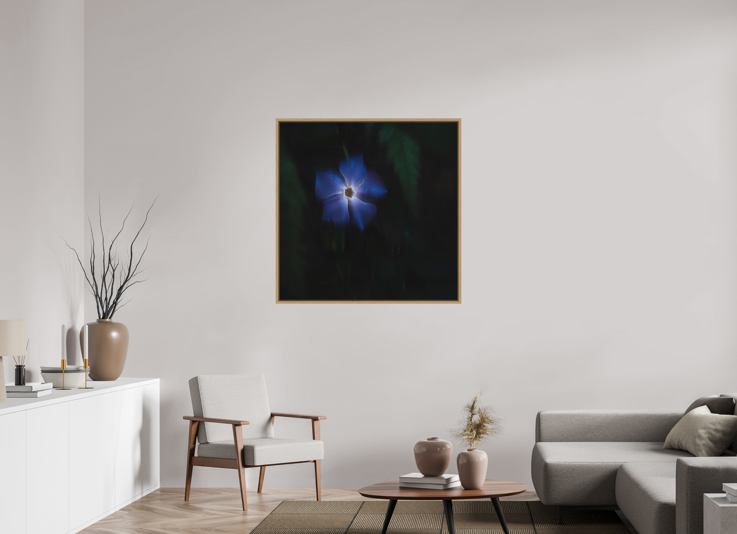 100 x 100 cm, Impression sur support rigide (Forex) avec cadre élégant type “caisse américaine” Pervenche