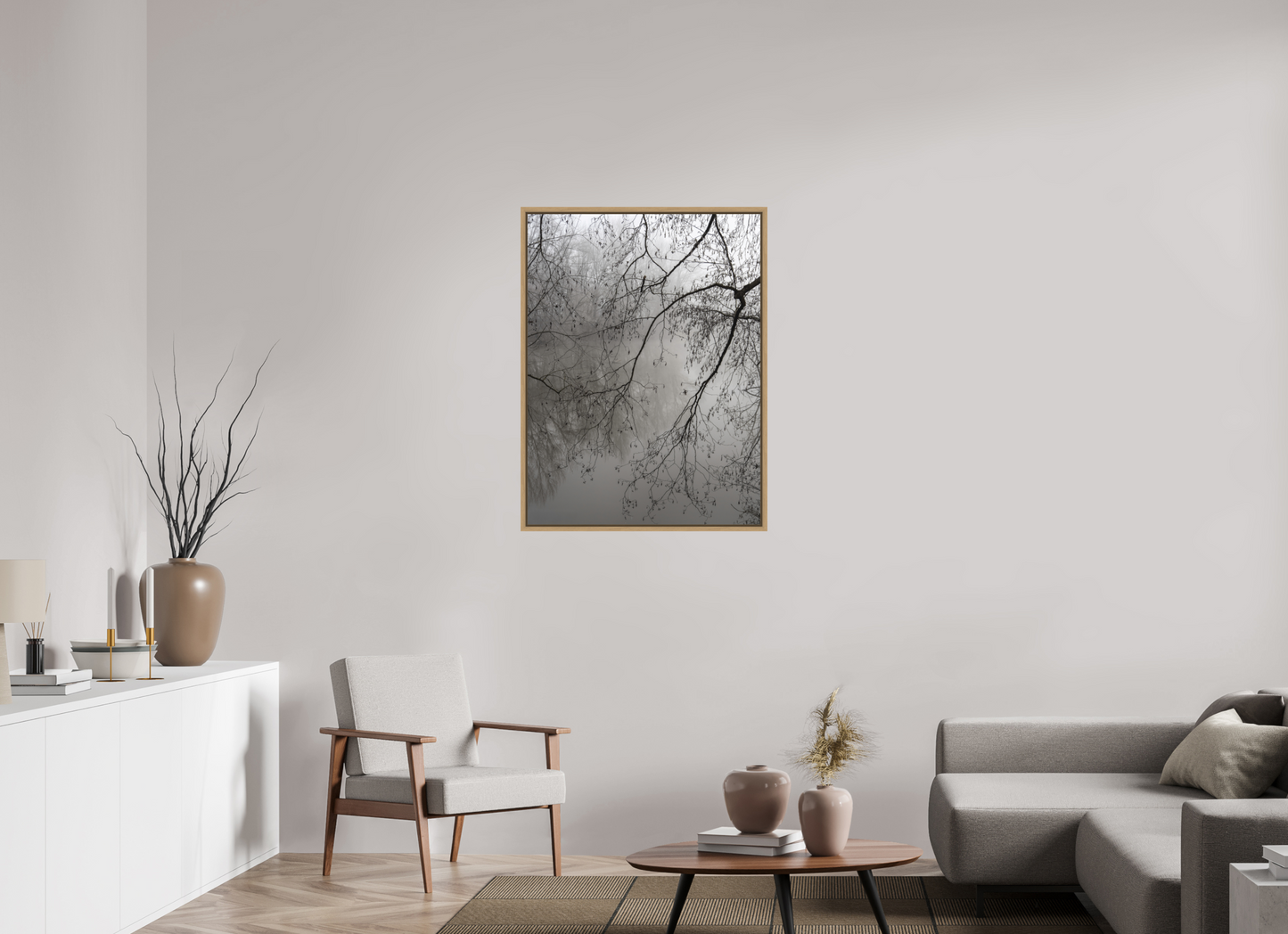 75 x 100 cm, Impression sur support rigide (Forex) avec cadre élégant type “caisse américaine” Tirage photo minimaliste de branches dans la brume