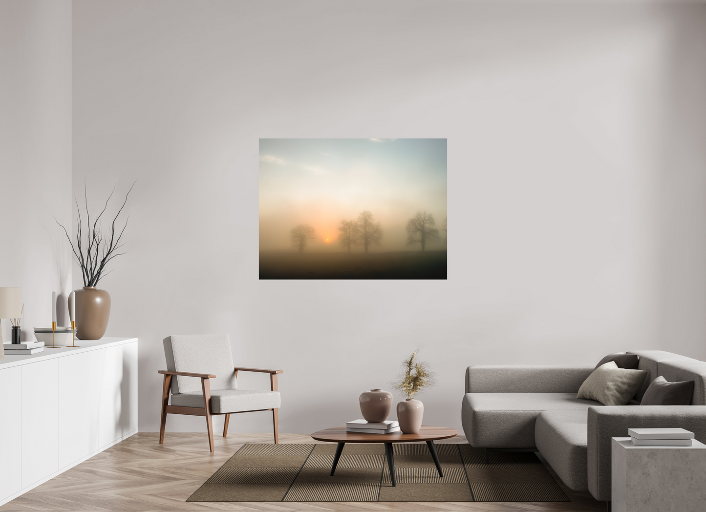 140 x 105 cm, Impression directe couleur ou noir et blanc sur plaque d'aluminium (Solidité-Durabilité) Brume dorée au lever du soleil