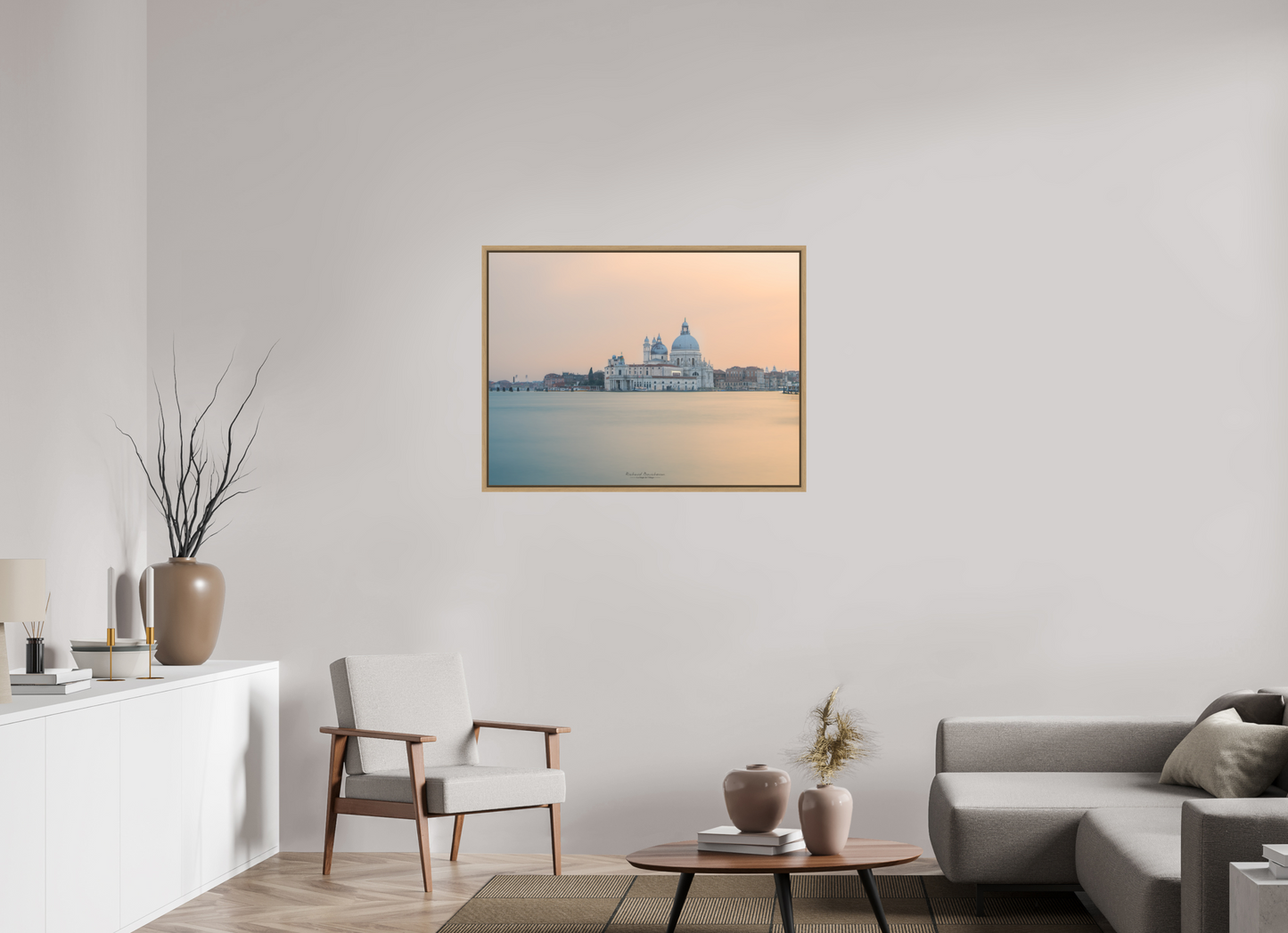 100 x 75 cm, Impression sur support rigide (Forex) avec cadre élégant type “caisse américaine” Venise, souffle de lumière sur la Salute