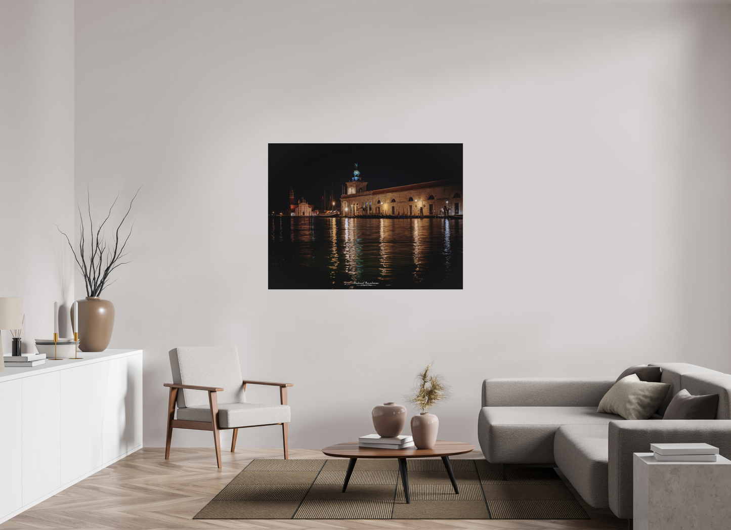 140 x 105 cm, Impression directe couleur ou noir et blanc sur plaque d'aluminium (Solidité-Durabilité) Venise de nuit – Punta della Dogana illuminée