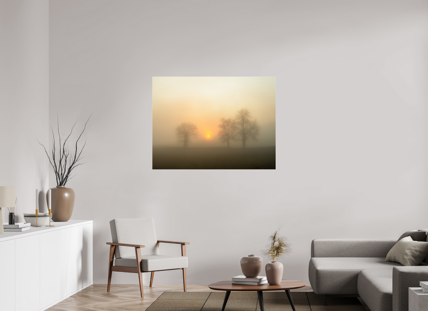 120 x 90 cm, Tirage couleur sur support solide en aluminium, recouvert d’une protection transparente (plexiglas). Brume dorée au lever du soleil – Trois arbres dans la lumière