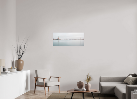 95 x 40 cm, Impression directe couleur ou noir et blanc sur plaque d'aluminium (Solidité-Durabilité) Venise au lever du jour – Panorama de San Giorgio Maggiore et Santa Maria della Salute