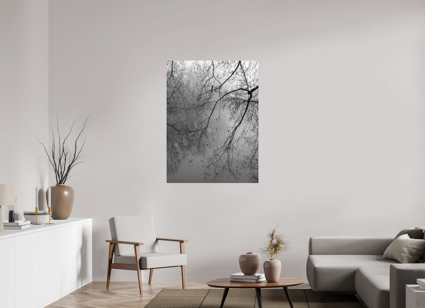 90 x 120 cm, Tirage noir et blanc sur plaque alu, avec une protection en plexiglass (durabilité-profondeur) Tirage photo minimaliste de branches dans la brume