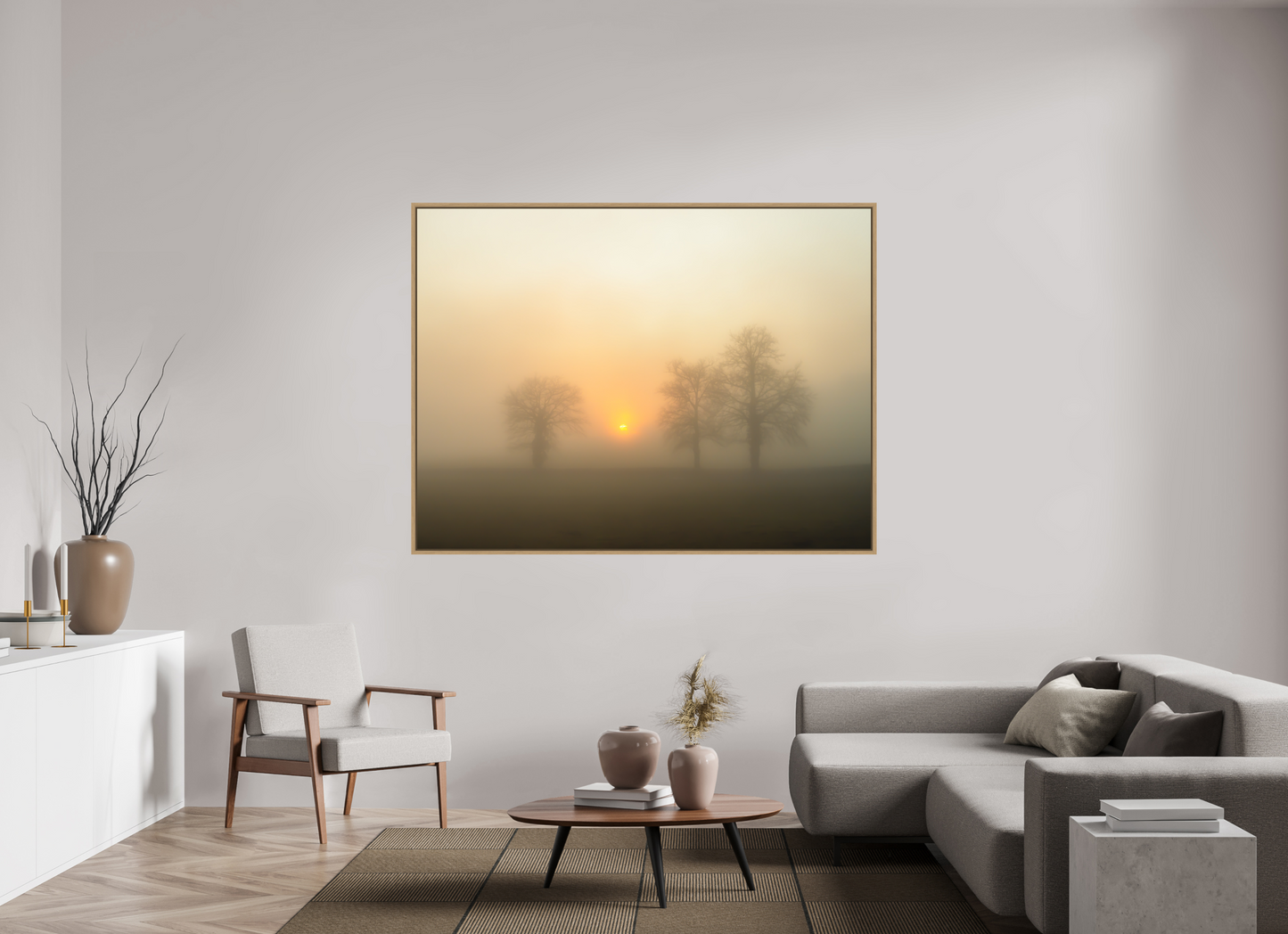 180 x 135 cm, Impression sur support rigide (Forex) avec cadre élégant type “caisse américaine” Brume dorée au lever du soleil – Trois arbres dans la lumière