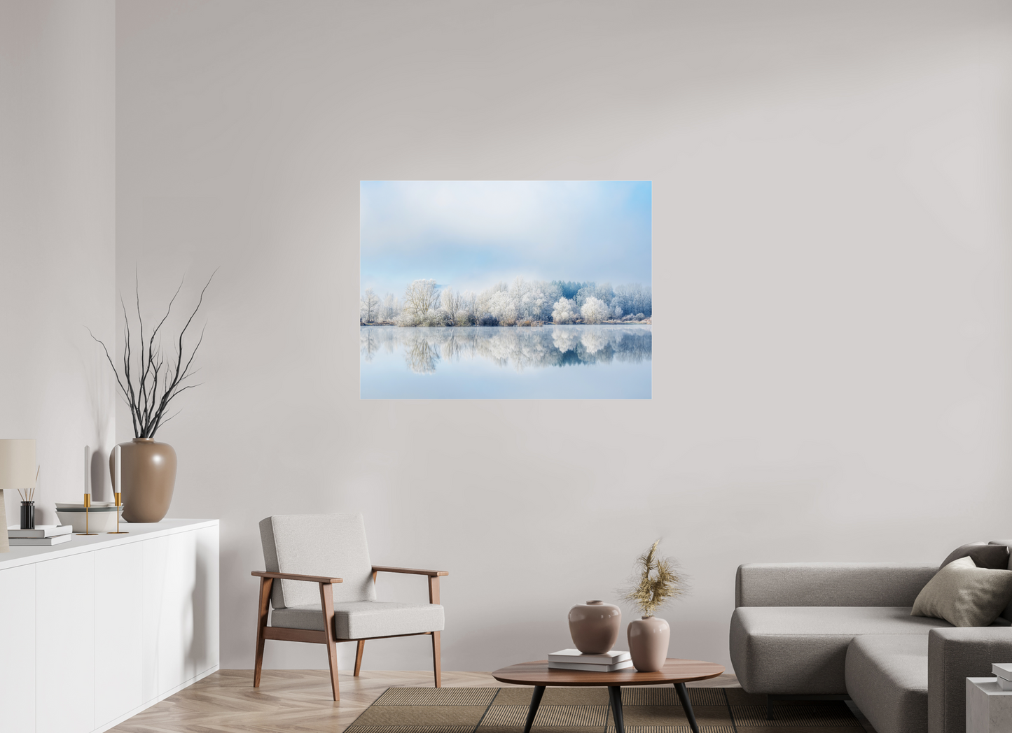 120 x 90 cm, Tirage couleur sur support solide en aluminium, recouvert d’une protection transparente (plexiglas). Miroir, si beau miroir Photographie paysage d’hiver serein en couleur