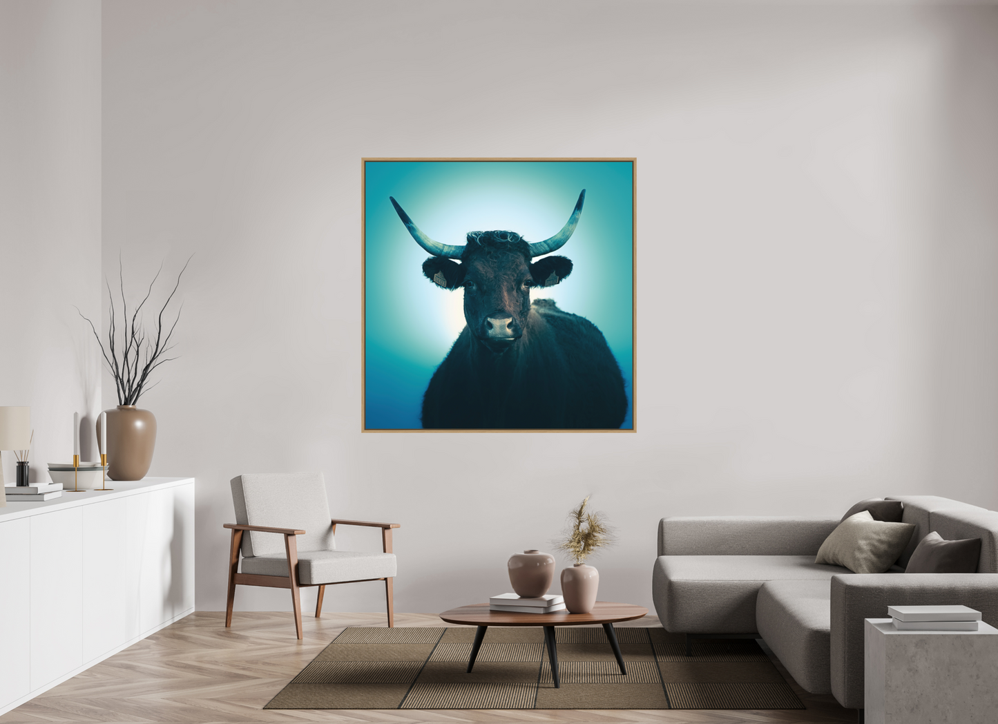 140 x 140 cm, Impression sur support rigide (Forex) avec cadre élégant type “caisse américaine” Vache Salers - Cantal - Auvergne - France