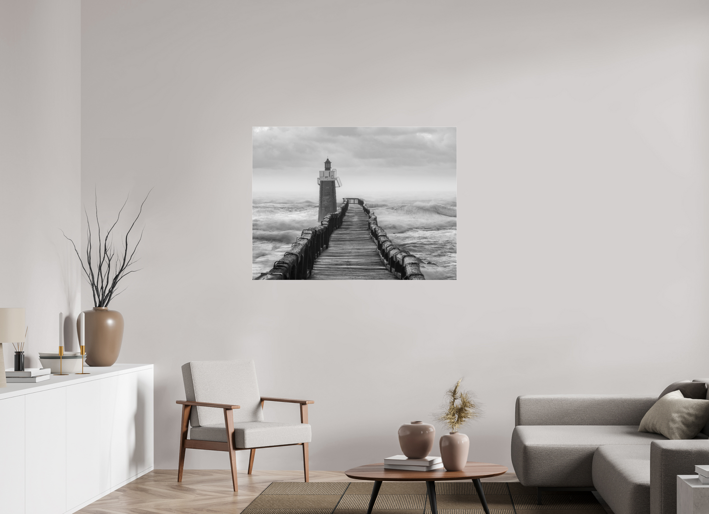 120 x 90 cm, Tirage noir et blanc sur plaque alu, avec une protection en plexiglass (durabilité-profondeur) Estacade de Capbreton | Photographie paysage hivernal marin artistique en noir et blanc