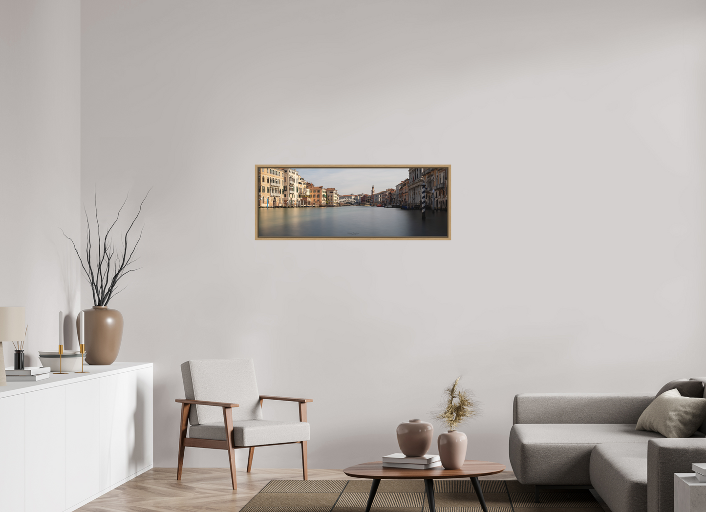 110,8 x 40 cm, Impression sur support rigide (Forex) avec cadre élégant type “caisse américaine” Venise dorée, le Grand Canal dans la lumière éternelle