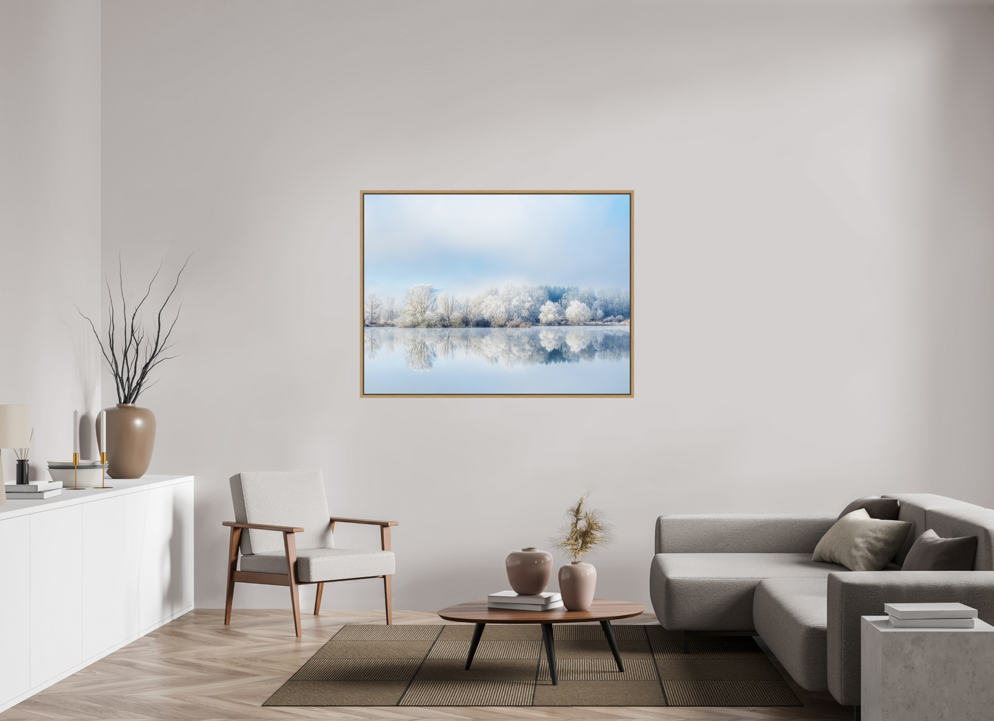 140 x 105 cm, Impression sur support rigide (Forex) avec cadre élégant type “caisse américaine” Miroir, si beau miroir Photographie paysage d’hiver serein en couleur