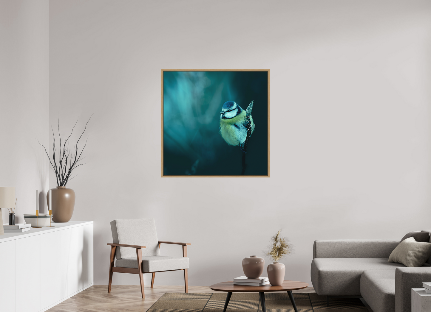 100 x 100 cm, Impression sur support rigide (Forex) avec cadre élégant type “caisse américaine” La belle bleue