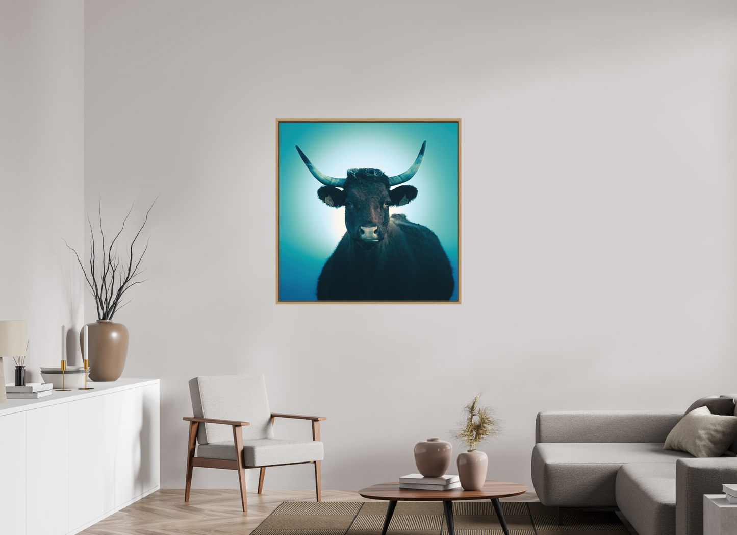 100 x 100 cm, Impression sur support rigide (Forex) avec cadre élégant type “caisse américaine” Vache Salers - Cantal - Auvergne - France