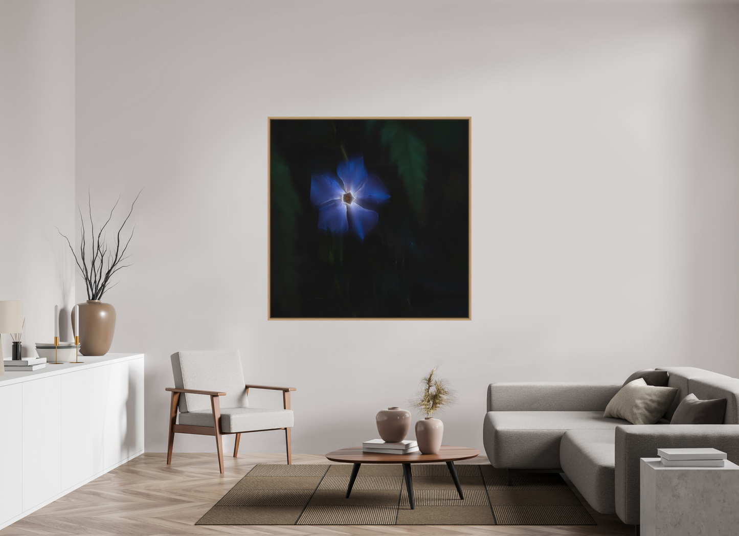 140 x 140 cm, Impression sur support rigide (Forex) avec cadre élégant type “caisse américaine” Pervenche
