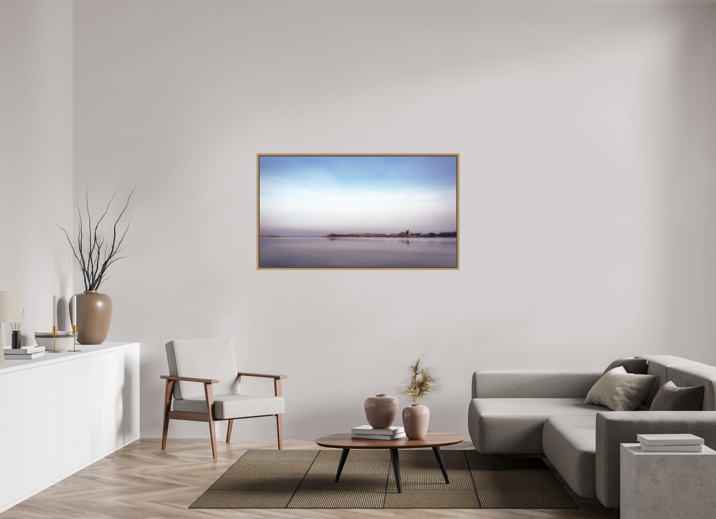 144 x 81 cm, Impression sur support rigide (Forex) avec cadre élégant type “caisse américaine” Aube pastel sur le littoral breton
