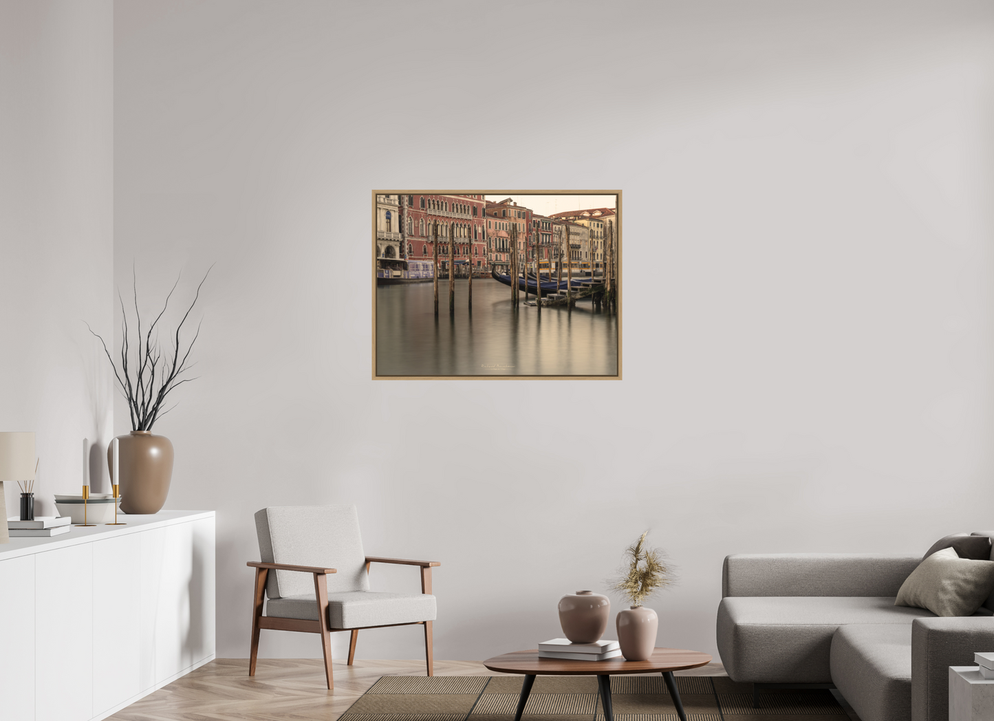 100 x 75 cm, Impression sur support rigide (Forex) avec cadre élégant type “caisse américaine” Lumière douce sur les gondoles du Grand Canal