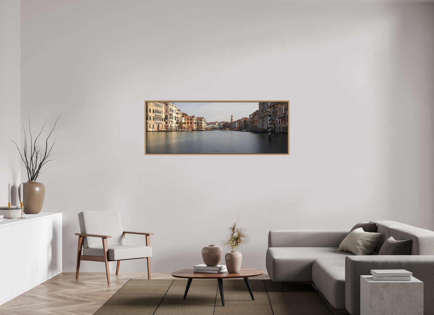 166,2 x 60 cm, Impression sur support rigide (Forex) avec cadre élégant type “caisse américaine” Venise dorée, le Grand Canal dans la lumière éternelle
