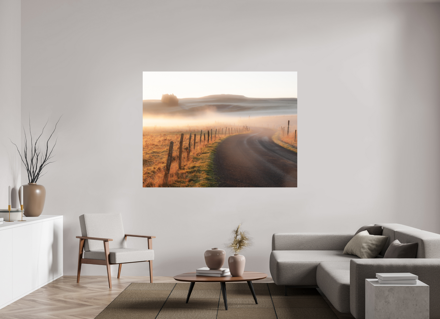 180 x 135 cm, 6- Impression directe couleur ou noir et blanc sur Alu Dibond + système de fixation Route dans la brume dorée
