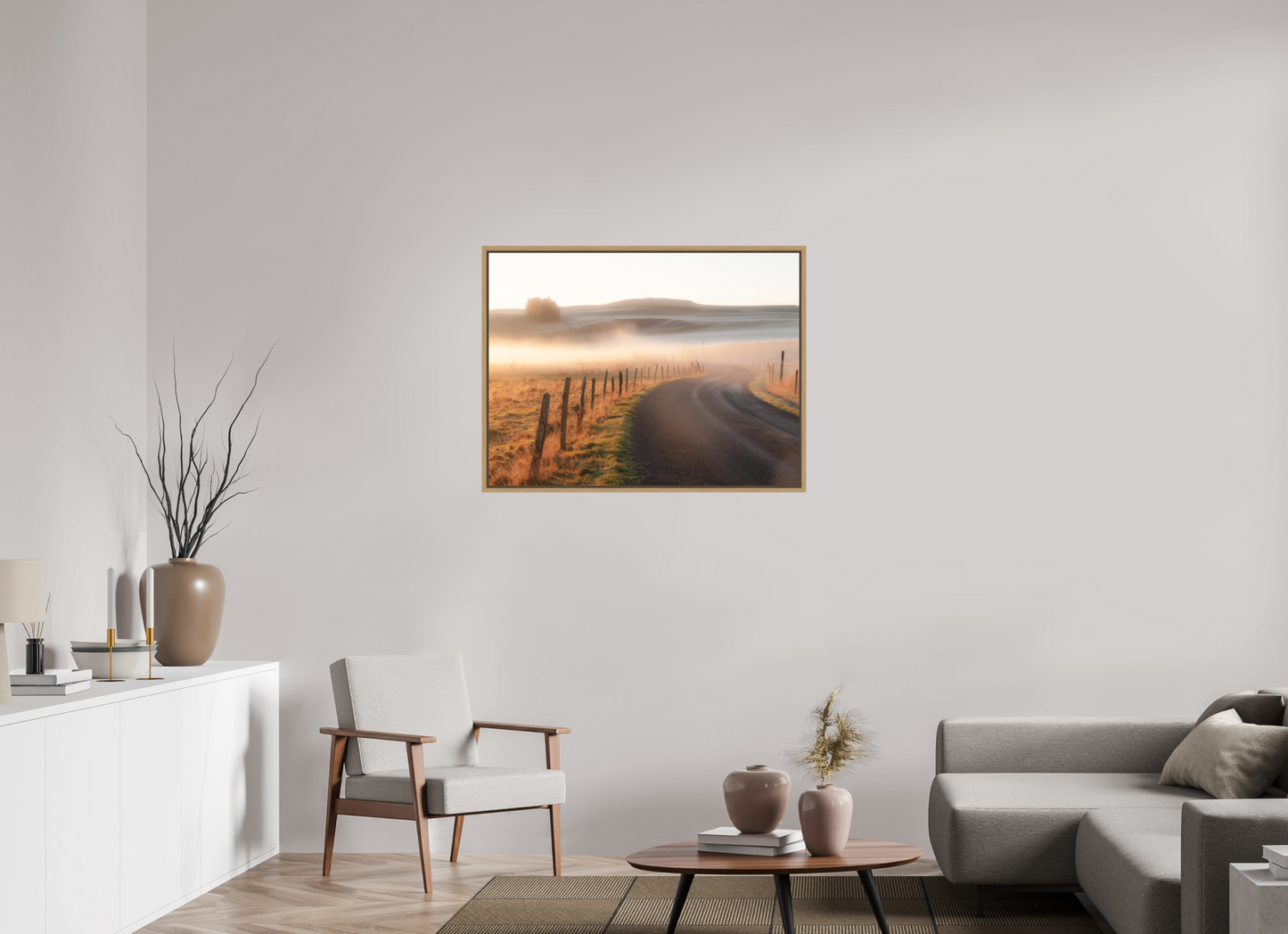 100 x 75 cm, Impression sur support rigide (Forex) avec cadre élégant type “caisse américaine” Route dans la brume dorée