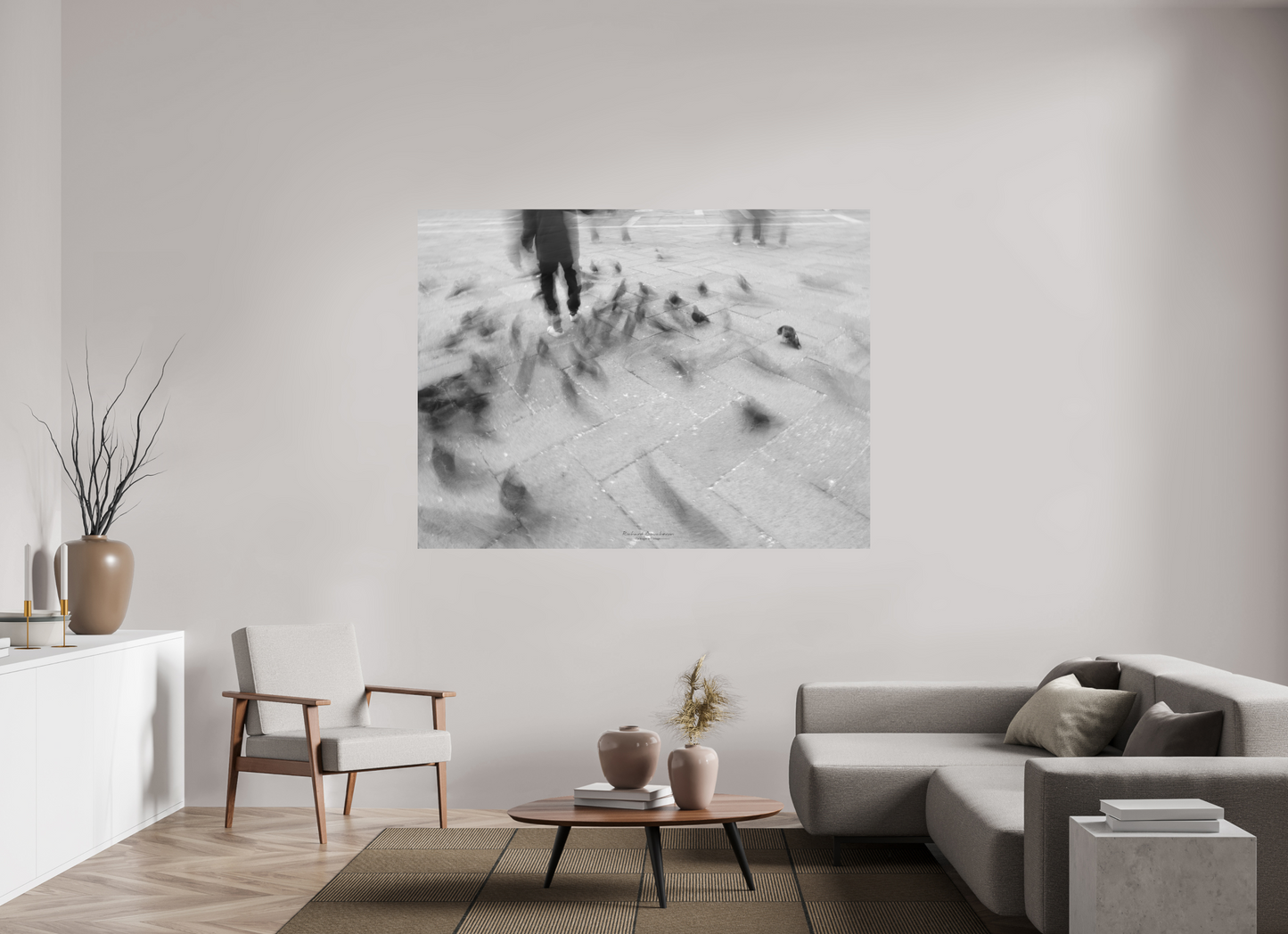 180 x 135 cm, Impression directe couleur ou noir et blanc sur plaque d'aluminium (Solidité-Durabilité) Les pigeons de la place St Marc – Photographie en noir et blanc