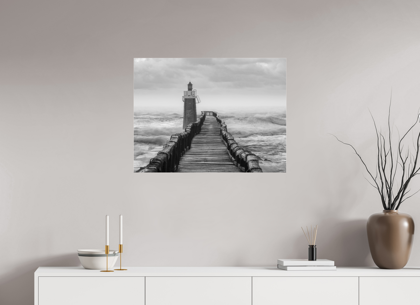 80 x 60 cm, Tirage noir et blanc sur plaque alu, avec une protection en plexiglass (durabilité-profondeur) Estacade de Capbreton | Photographie paysage hivernal marin artistique en noir et blanc