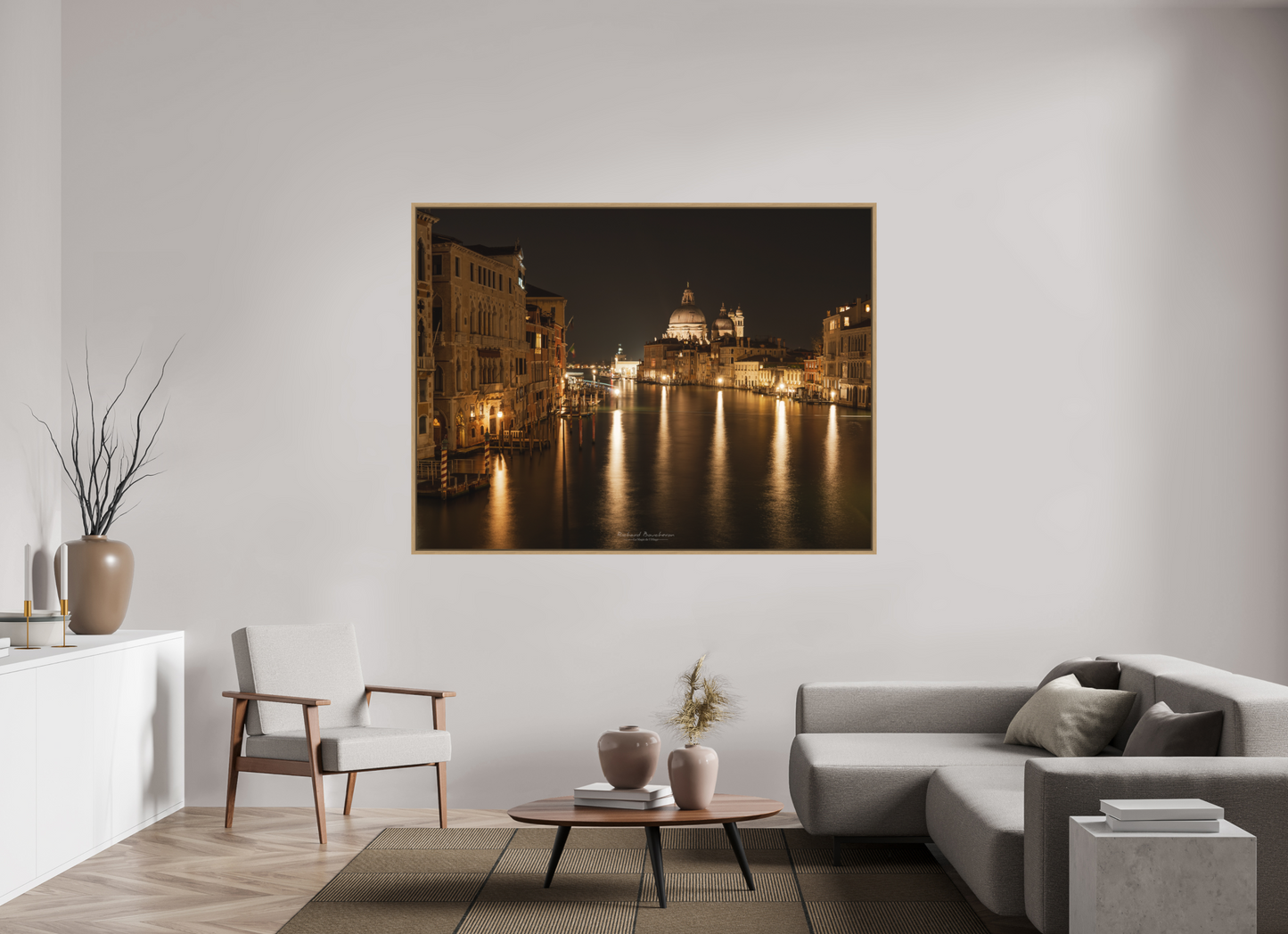 180 x 135 cm, Impression sur support rigide (Forex) avec cadre élégant type “caisse américaine” Venise Romantique de Nuit – Vue sur la Salute