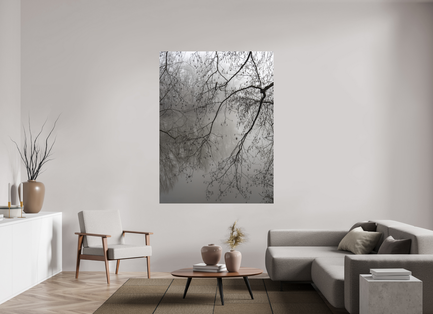 135 x 180 cm, Impression directe couleur ou noir et blanc sur plaque d'aluminium (Solidité-Durabilité) Tirage photo minimaliste de branches dans la brume