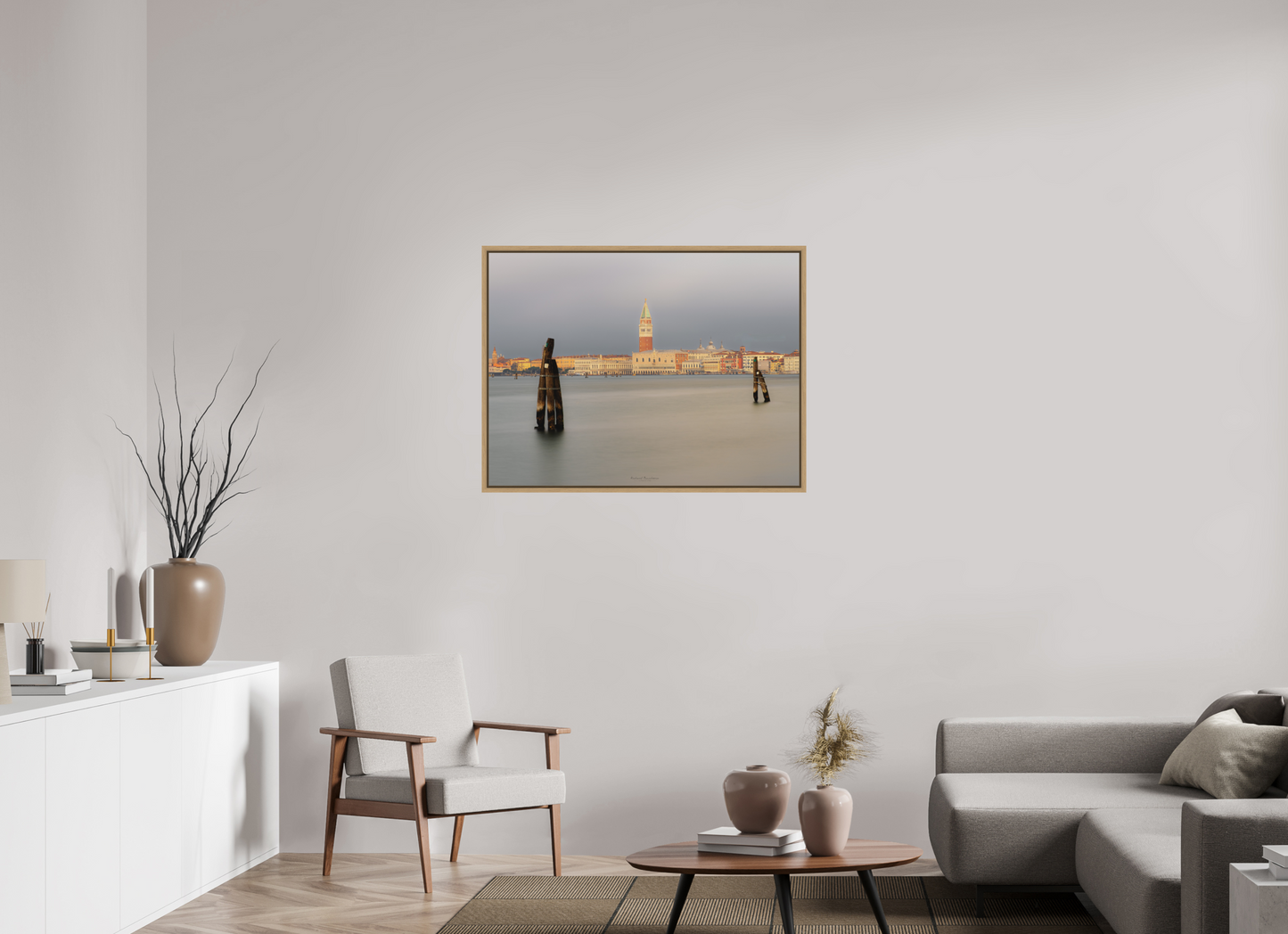 100 x 75 cm, Impression sur support rigide (Forex) avec cadre élégant type “caisse américaine” Venise au crépuscule : vue sur le Campanile et la lagune