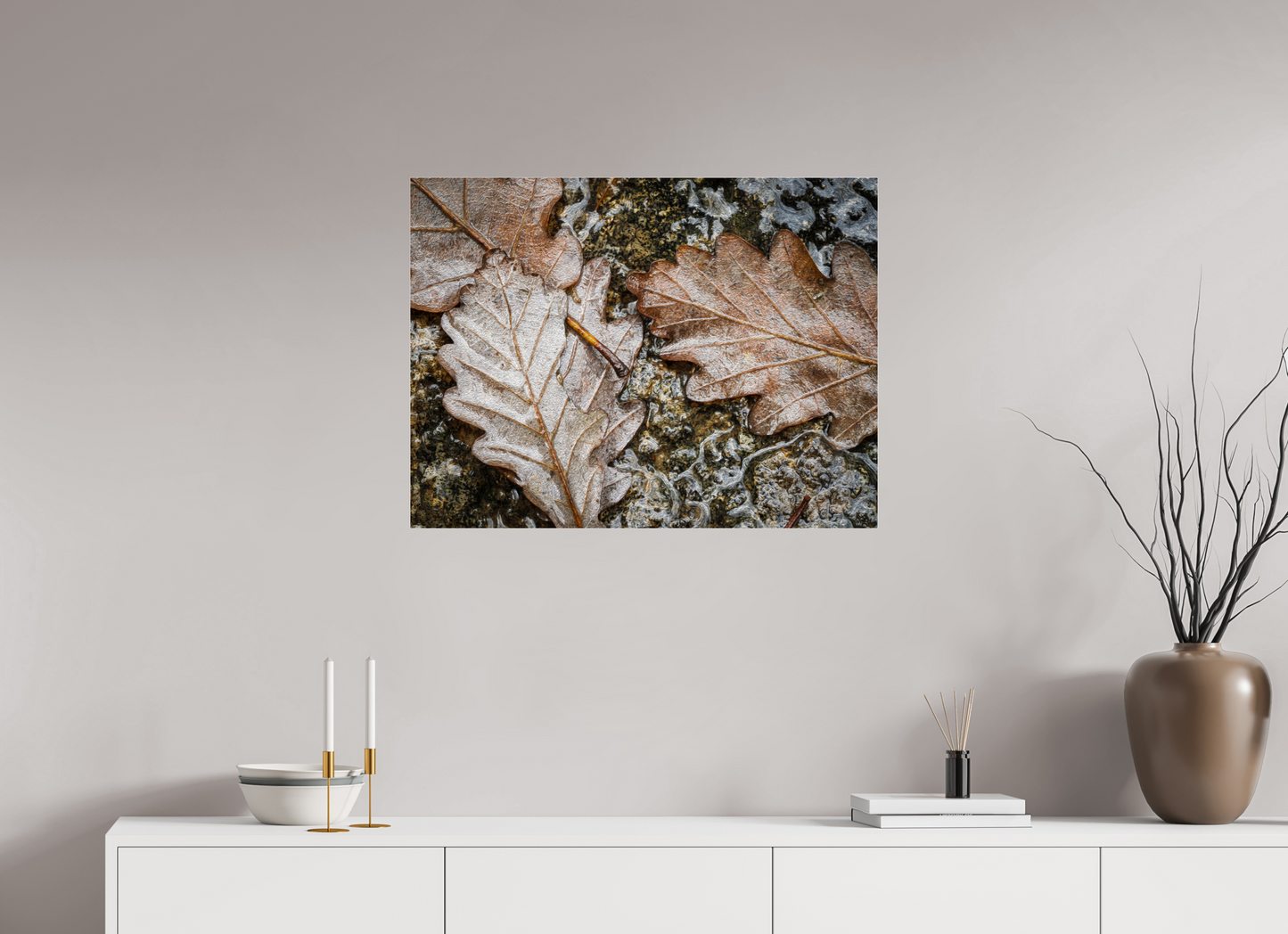 80 x 60 cm, Tirage couleur sur support solide en aluminium, recouvert d’une protection transparente (plexiglas). Texture d'automne