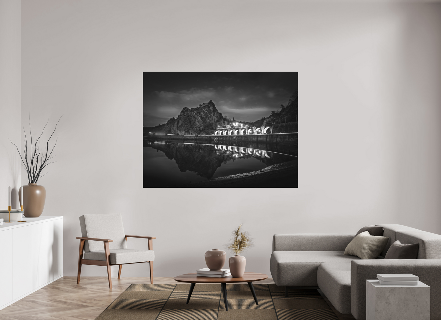 180 x 135 cm, Impression directe couleur ou noir et blanc sur plaque d'aluminium (Solidité-Durabilité) A la nuit tombante | Photographie paysage architectural nocturne artistique en noir et blanc