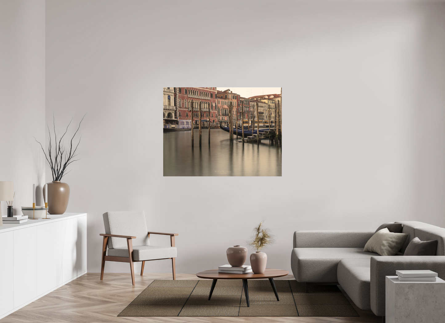 140 x 105 cm, Impression directe couleur ou noir et blanc sur plaque d'aluminium (Solidité-Durabilité) Lumière douce sur les gondoles du Grand Canal