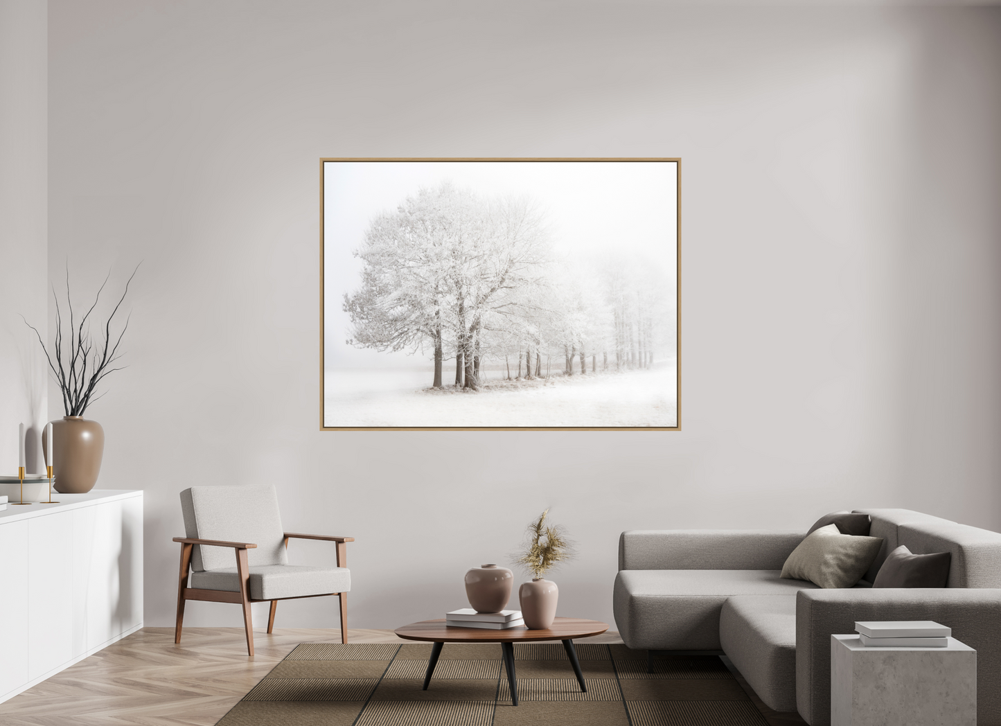 180 x 135 cm, Impression sur support rigide (Forex) avec cadre élégant type “caisse américaine” Arbres givrés dans un paysage enneigé et brumeux